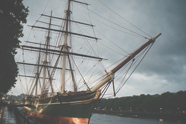 The Cutty Sark ship in its dry dock beside the Thames at Greenwich