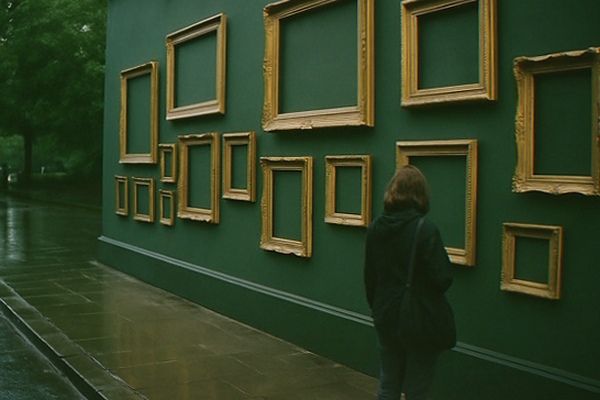 Portrait-filled gallery wall lit by ceiling lights in a historic museum interior